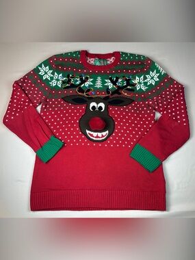 Men’s Funny Ugly Christmas Sweater Red Green Reindeer Pom Pom Rudolph